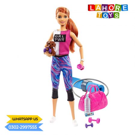 Barbie Fitness Doll, Red-Haired, with Puppy and 9 Accessories